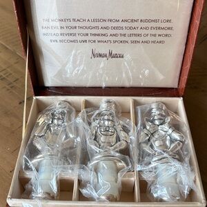 Nieman Marcus Three Wise Monkeys Wine Stopper Set - Silver Tone - New Sealed